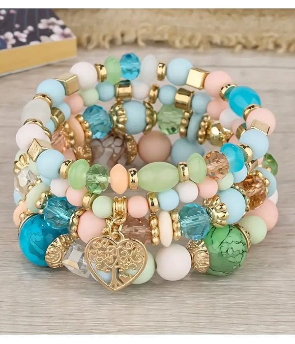 Boho style tree of life charm acrylic bead 4 stretch bracelet set