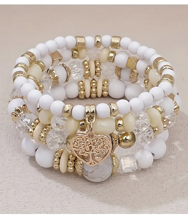 Boho style tree of life charm acrylic bead 4 stretch bracelet set