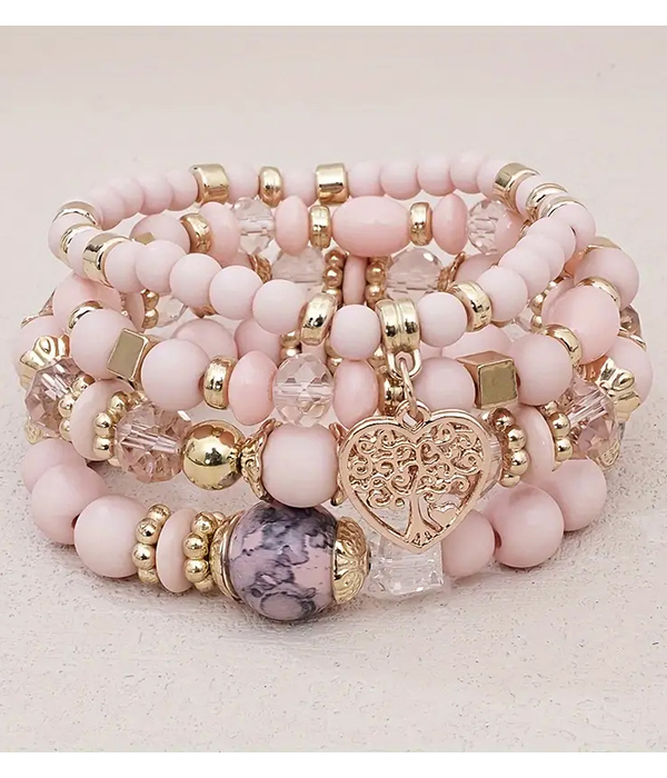 Boho style tree of life charm acrylic bead 4 stretch bracelet set