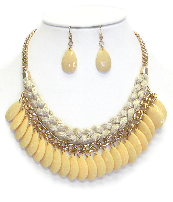 Fabric rope and chain mix acrylic teardrop necklace earring set