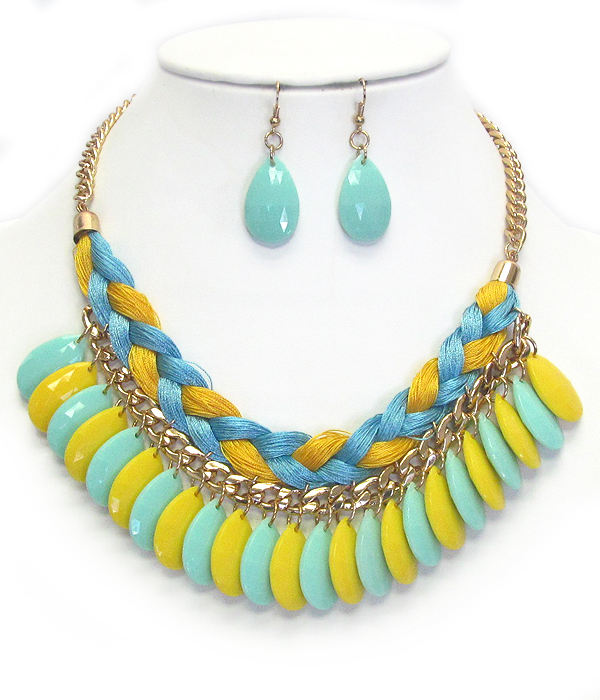 Fabric rope and chain mix acrylic teardrop necklace earring set