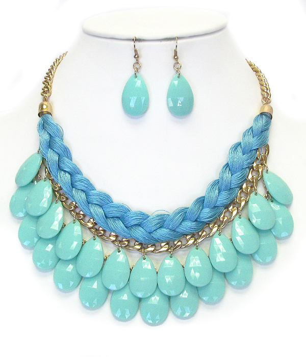 FABRIC ROPE AND CHAIN MIX DOUBLE ACRYLIC TEARDROP NECKLACE EARRING SET