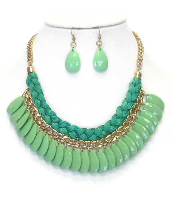 Fabric rope and chain mix acrylic teardrop necklace earring set