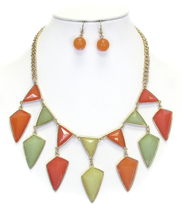 MULTI COLOR AND TRIANGULAR STONE DROP NECKLACE EARRING SET