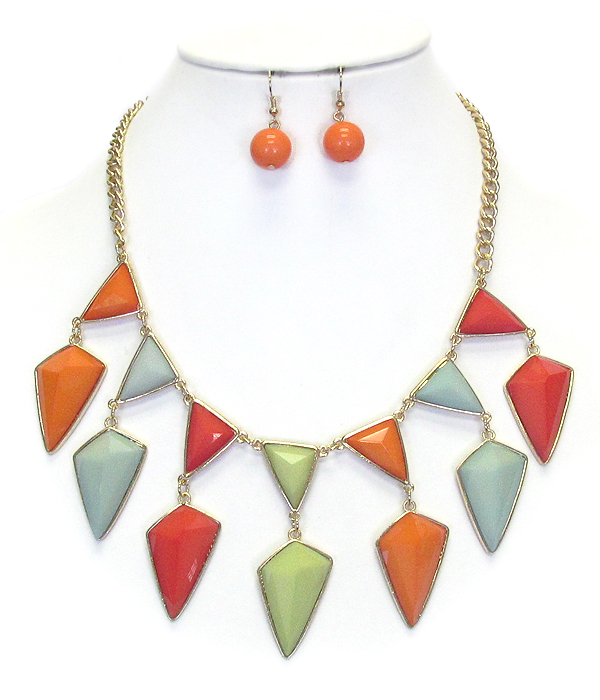 MULTI COLOR AND TRIANGULAR STONE DROP NECKLACE EARRING SET