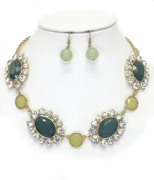 Crystal and facet acrylic stone flower link necklace earring set