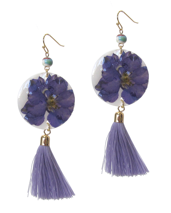 Flower on shell disc and tassel drop earring