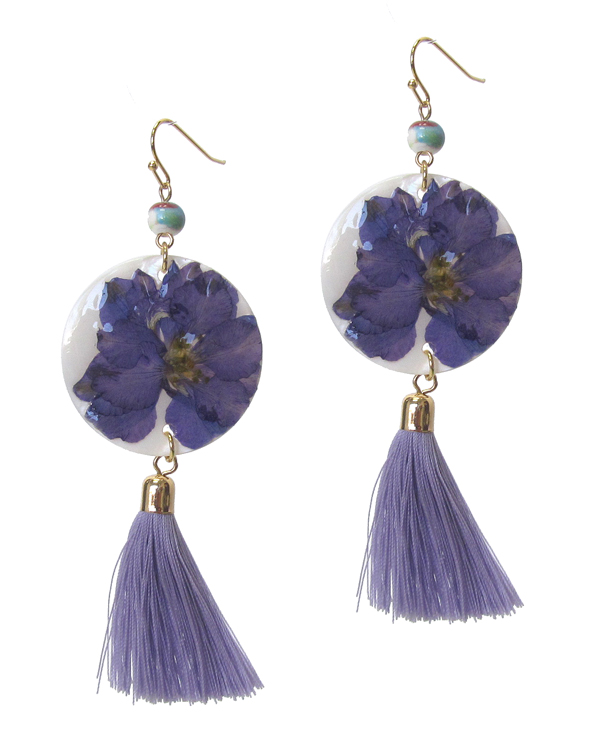 FLOWER ON SHELL DISC AND TASSEL DROP EARRING