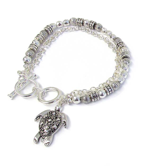 SEALIFE THEME METAL FILIGREE CHARM MULTI METAL BEAD DOUBLE CHAIN TOGGLE BRACELET - TURTLE