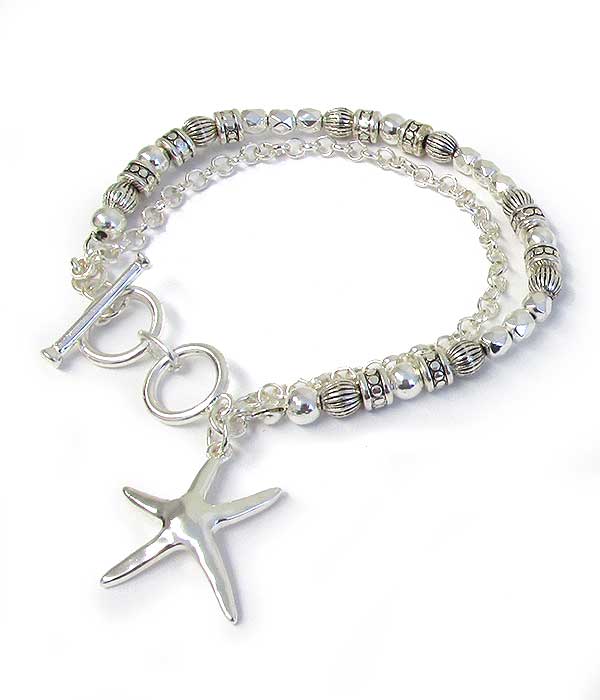 SEALIFE THEME METAL FILIGREE CHARM MULTI METAL BEAD DOUBLE CHAIN TOGGLE BRACELET - STARFISH