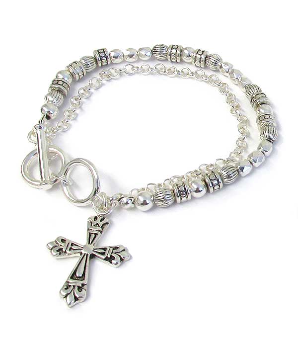 RELIGIOUS INSPIRATION CROSS CHARM AND MULTI BEAD DOUBLE CHAIN BRACELET