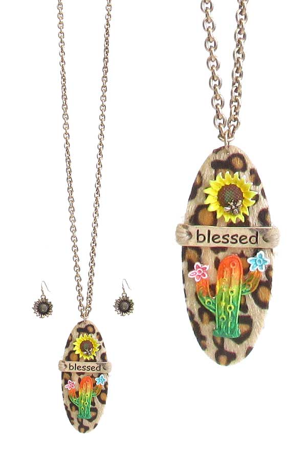 ANIMAL PRINT PENSANT NECKLACE SET - CACTUS AND SUNFLOWER