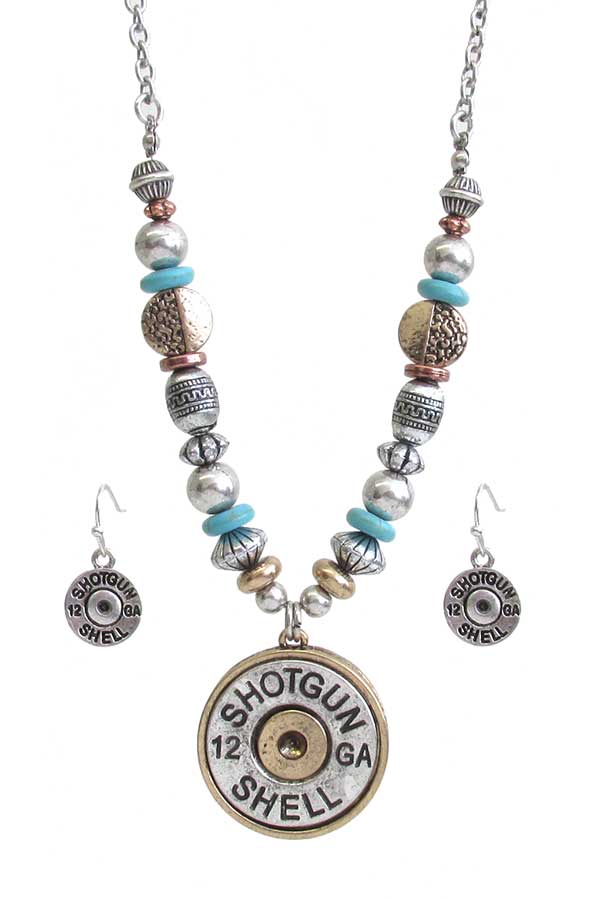 BULLET PENDANT AND MULTI BEAD MIX CHAIN NECKLACE SET