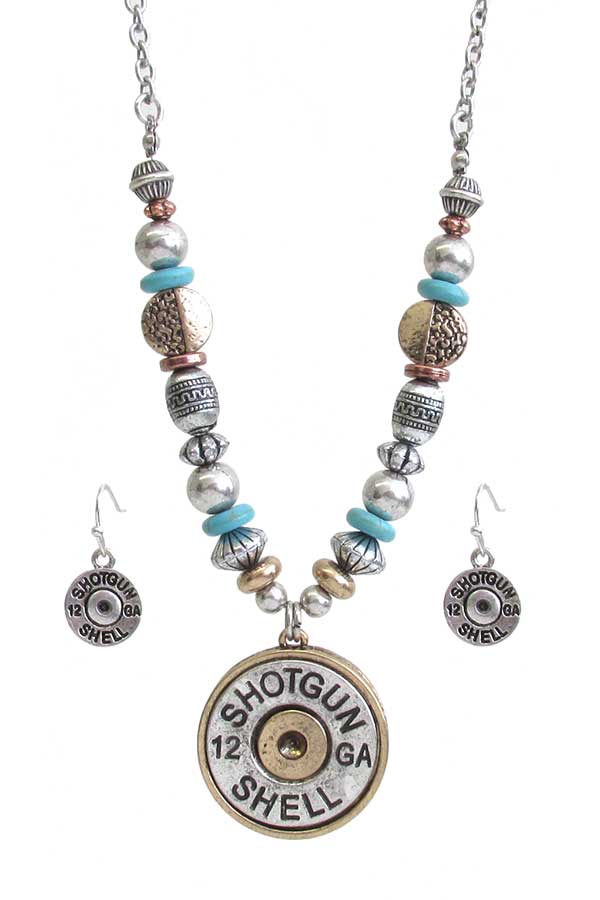 Bullet pendant and multi bead mix chain necklace set