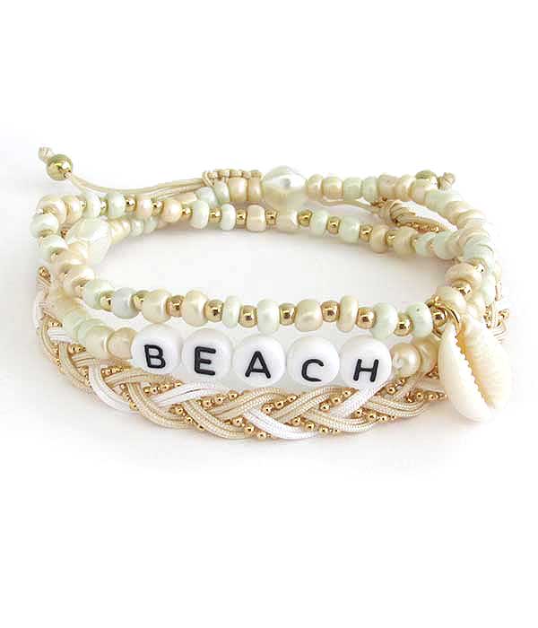 WORD BLOCK MIXED BEAD AND FRESHWATER PEARL STACKABLE STRETCH BRACELET - BEACH