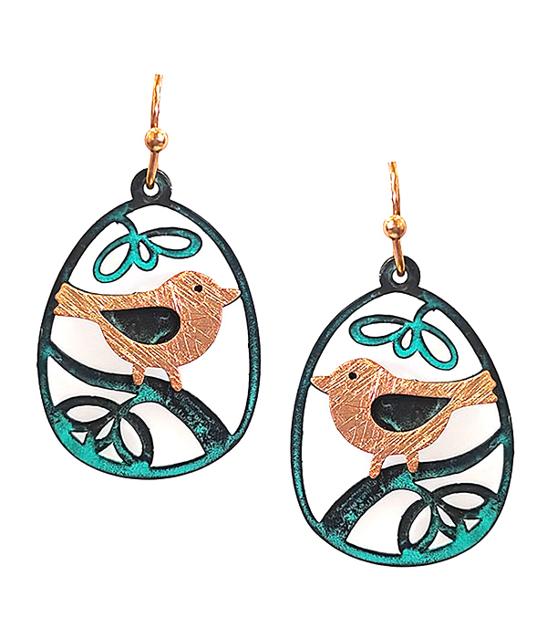 SCRATCH METAL PATINA BIRD AND FLOWER EARRING