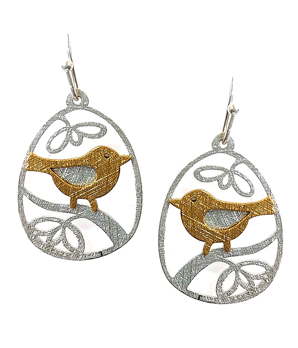 Scratch metal bird and flower earring - brass metal