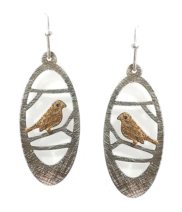 Scratch metal bird on branch earring - brass metal