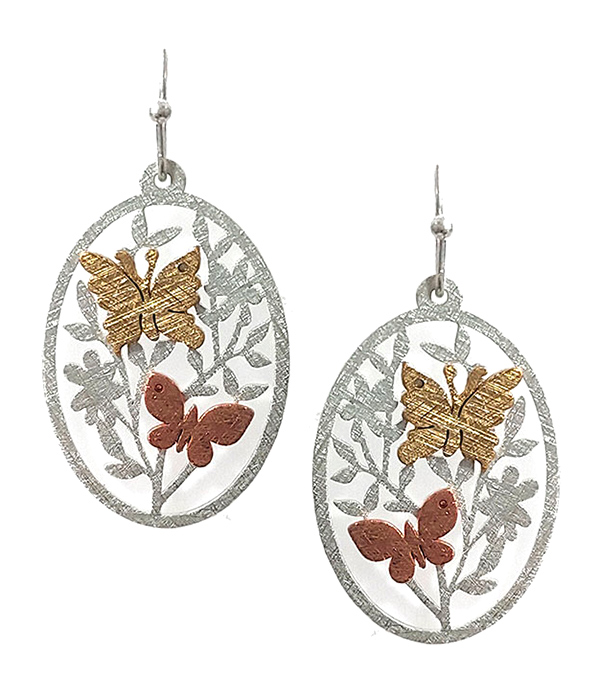 Scratch metal butterfly and flower earring - brass metal