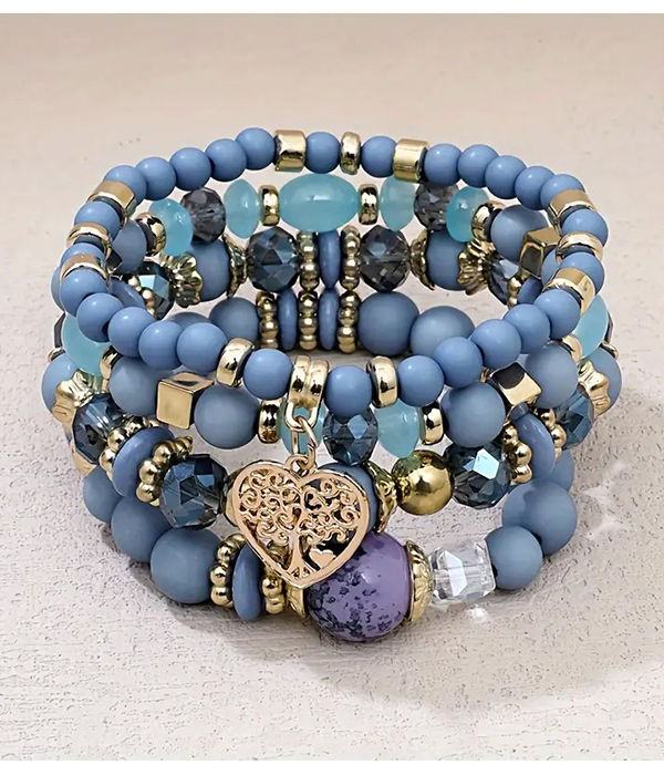 Boho style tree of life charm acrylic bead 4 stretch bracelet set