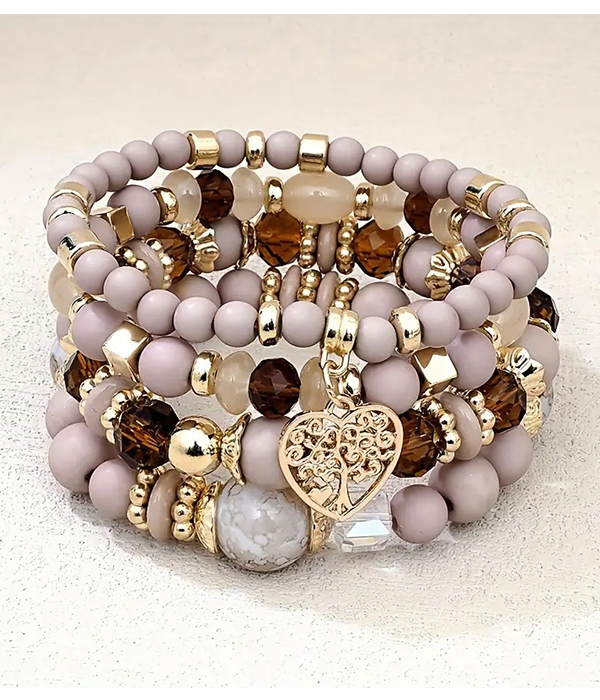 Boho style tree of life charm acrylic bead 4 stretch bracelet set