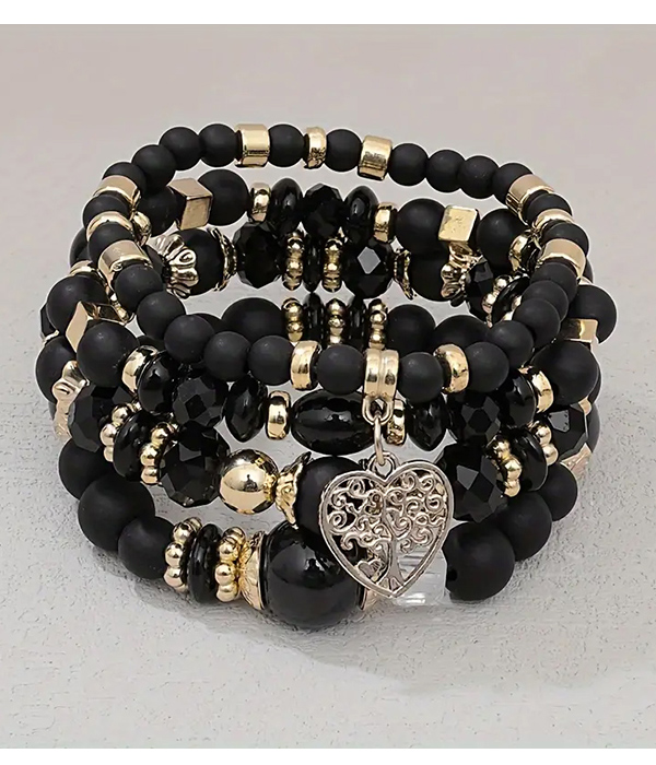Boho style tree of life charm acrylic bead 4 stretch bracelet set