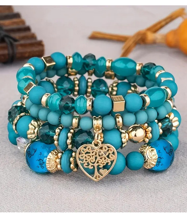 Boho style tree of life charm acrylic bead 4 stretch bracelet set