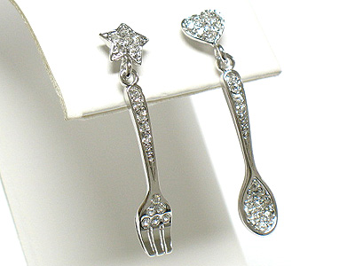 Made in korea whitegold plating crystal spoon and fork drop unbalance earring