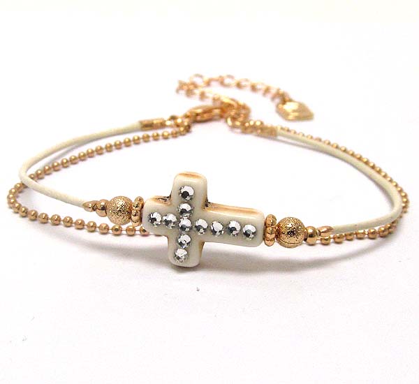 Natural material tiny cross and double chain bracelet