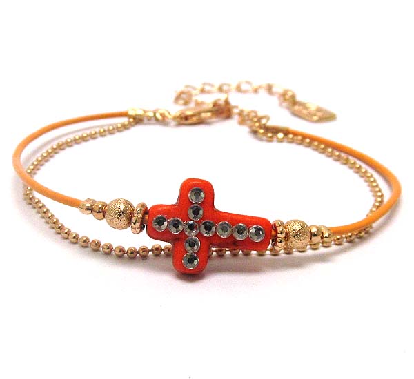 Natural material tiny cross and double chain bracelet