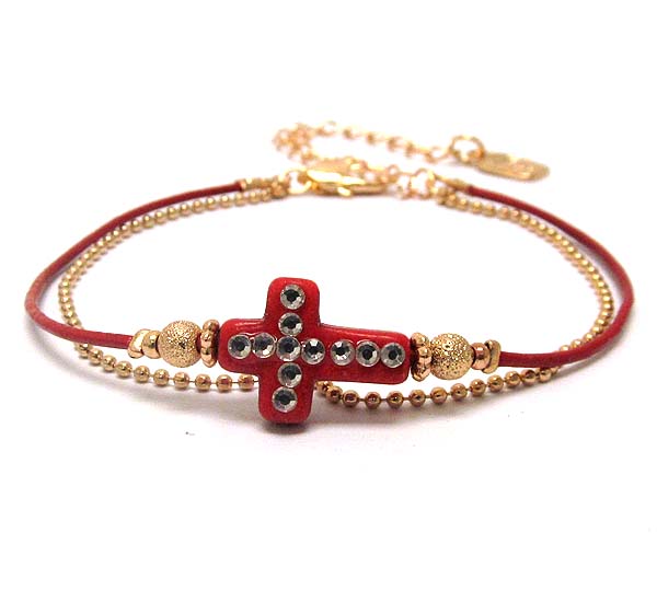 Natural material tiny cross and double chain bracelet