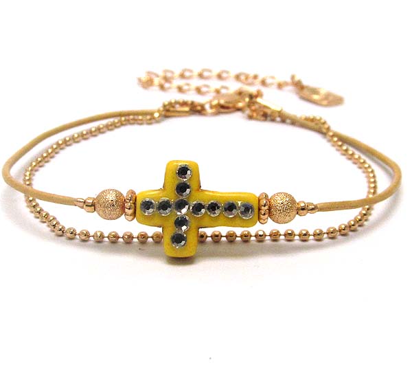 Natural material tiny cross and double chain bracelet