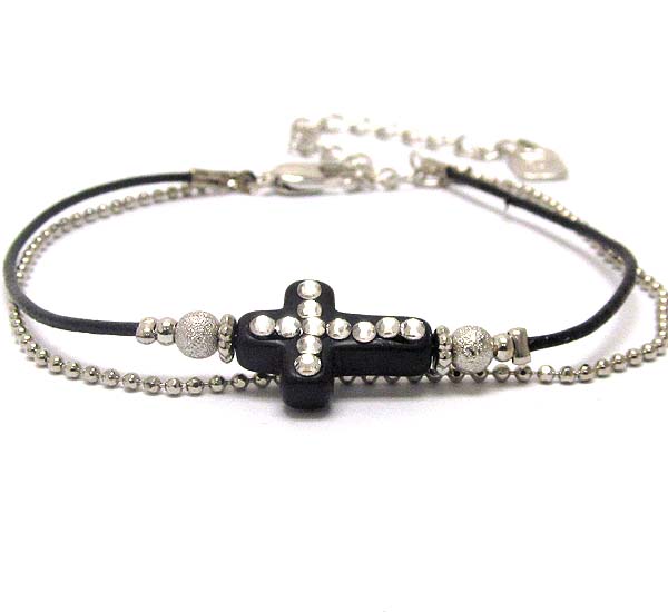 Natural material tiny cross and double chain bracelet