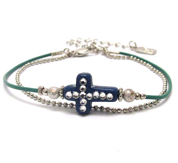 Natural material tiny cross and double chain bracelet