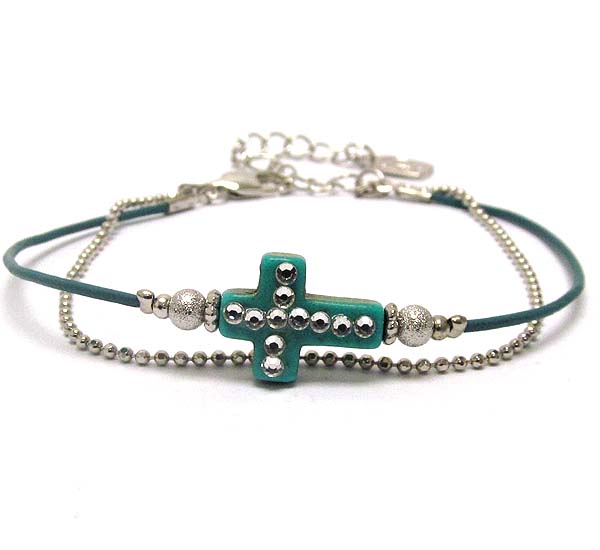 Natural material tiny cross and double chain bracelet