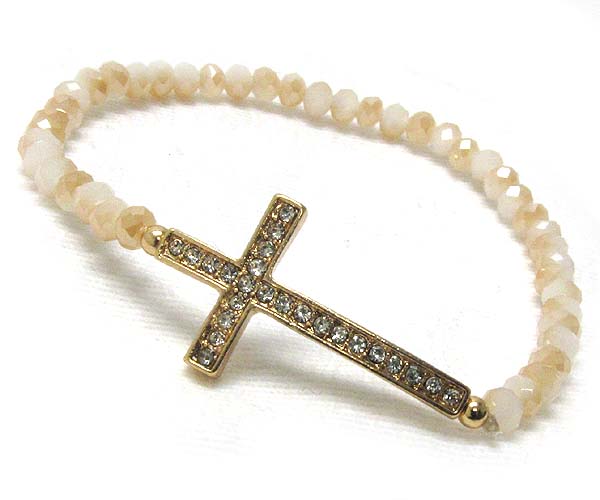 Crystal thin leaned cross and multi crystal glass stretch bracelet