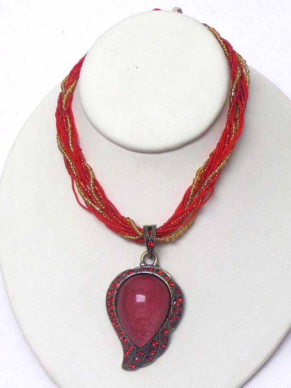 Puffy stone and crystal edge pendant and multi seed bead chain mix necklace