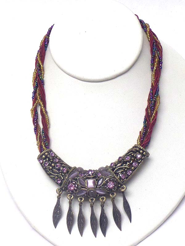 Multi metal leaf drop and crystal accent pendant and multi seed bead chain mix necklace
