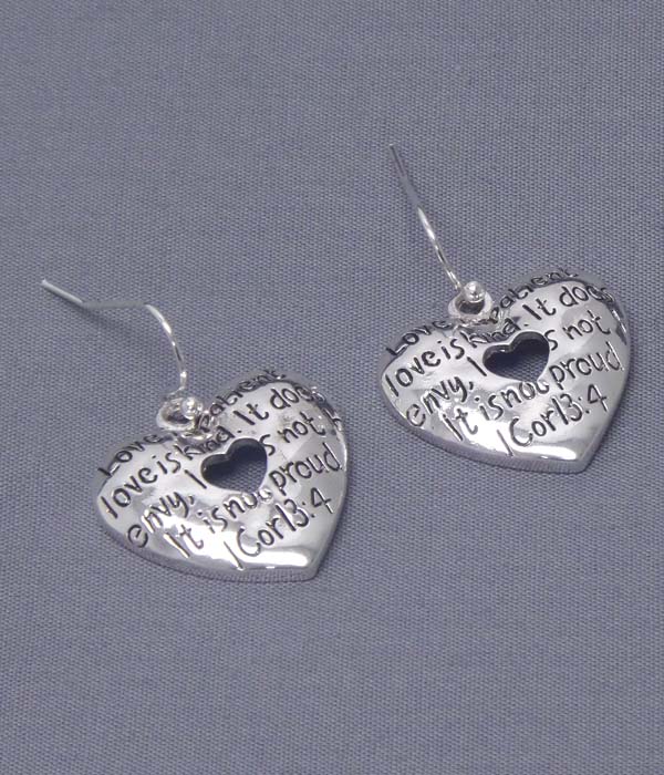Religious message on heart earring - cor13:4