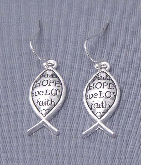 Religious message fish earring - faith hope love