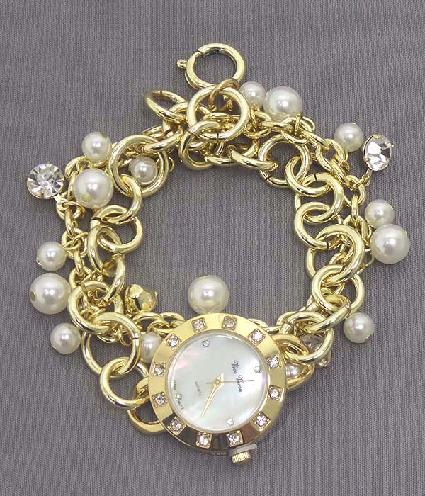 Crystal and mop face and multi chain and pearl dangle band watch