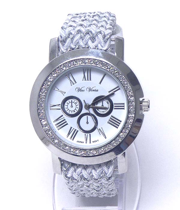 Crystal face and woven yarn band watch