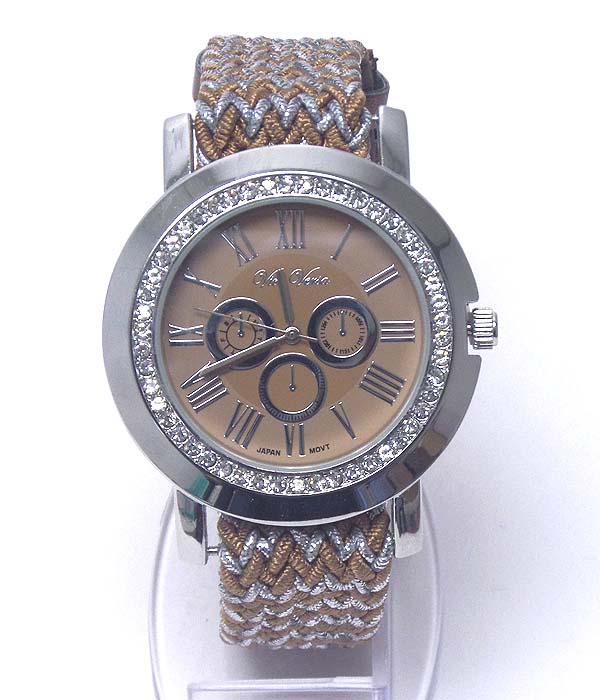 Crystal face and woven yarn band watch