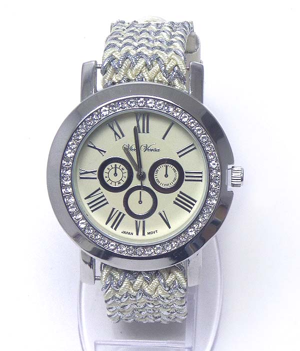 Crystal face and woven yarn band watch