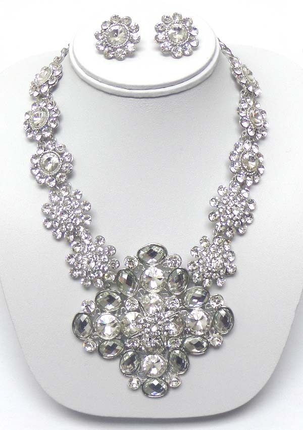 Luxury class victorian style austrian crystal large flower pendant party necklace earring set