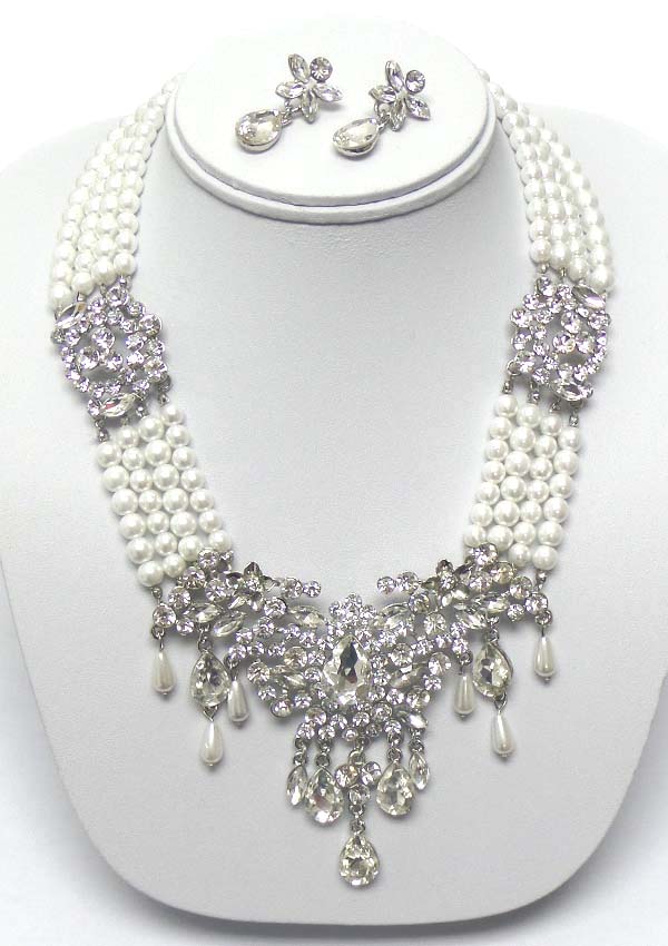 Luxury class victorian style austrian crystal and 4 layer pearl chain necklace earring set