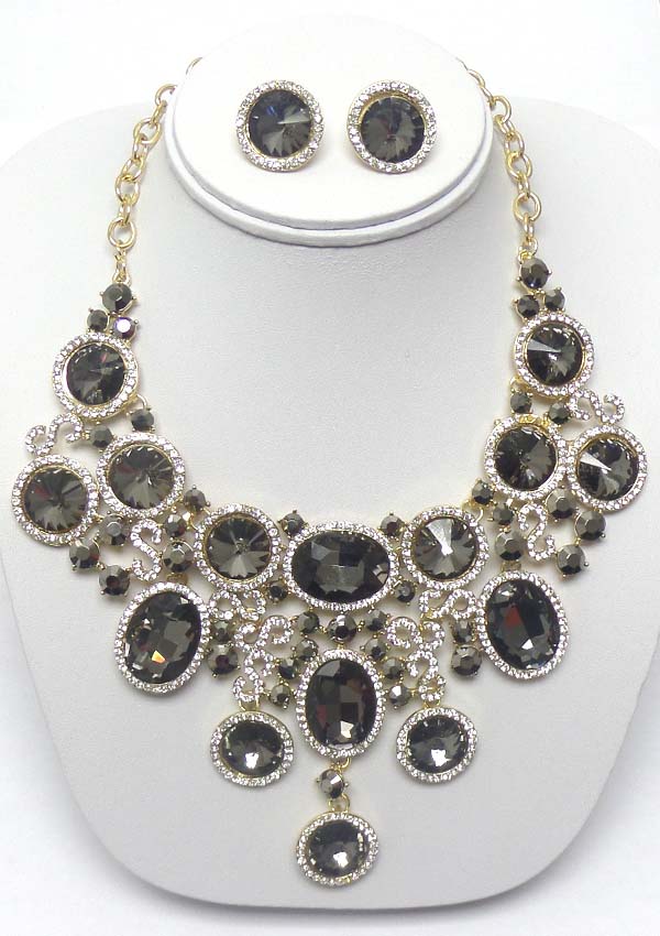Luxury class victorian style austrian crystal and facet oval stone deco statement party necklace earring set