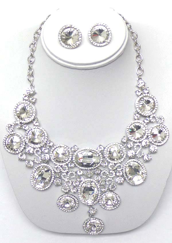 Luxury class victorian style austrian crystal and facet oval stone deco statement party necklace earring set