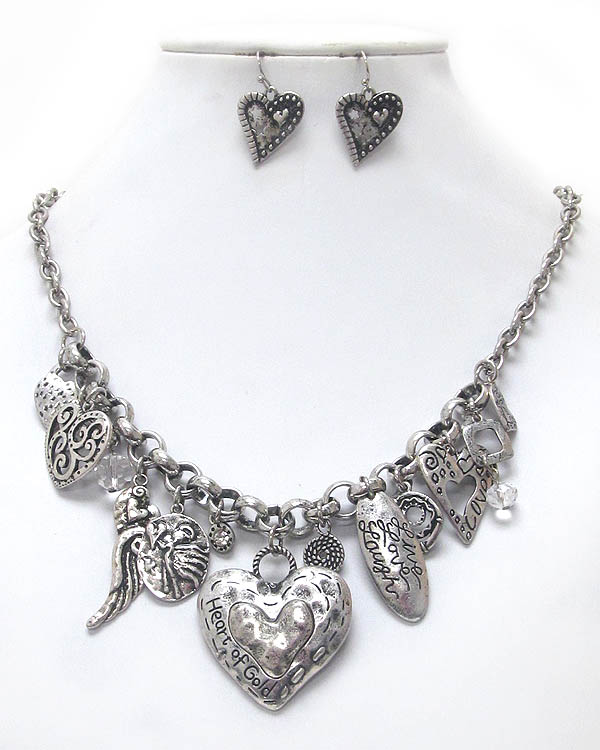 Vintage style love theme multi charm necklace earring set