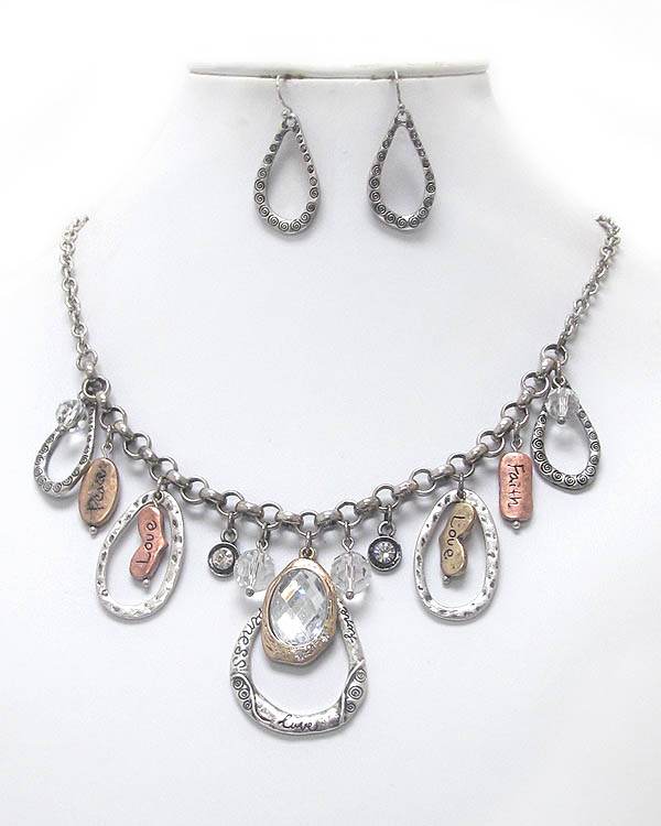 Vintage style inspiration multi teardrop and heart charm chico style necklace earring set - love peace faith